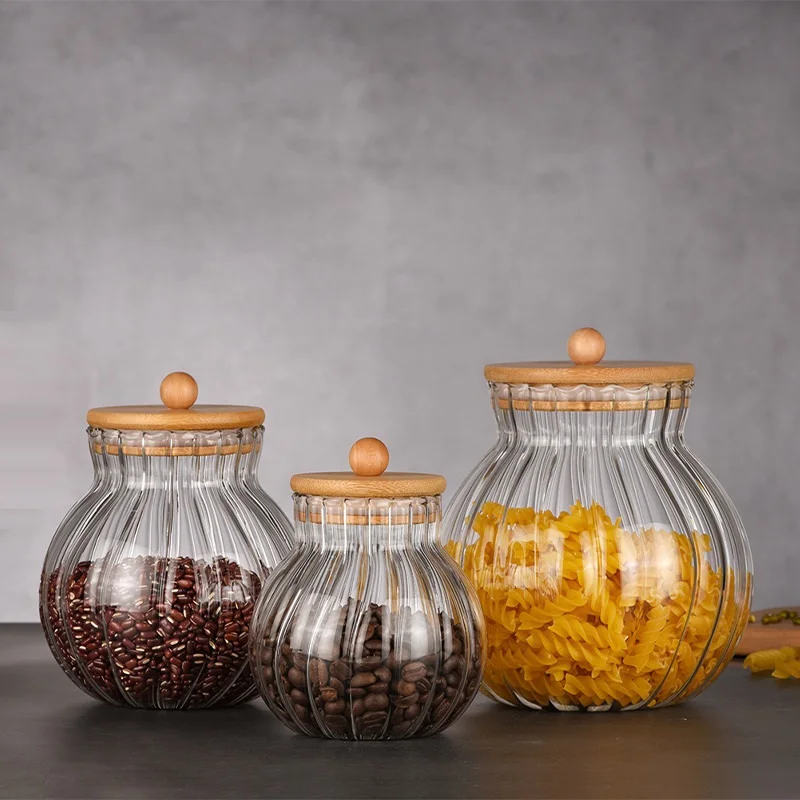 wholesale  borosilicate glass  500ml 900ml 1500ml pumpkin Shaped cookie candy honey food storage jar  with bamboo lid