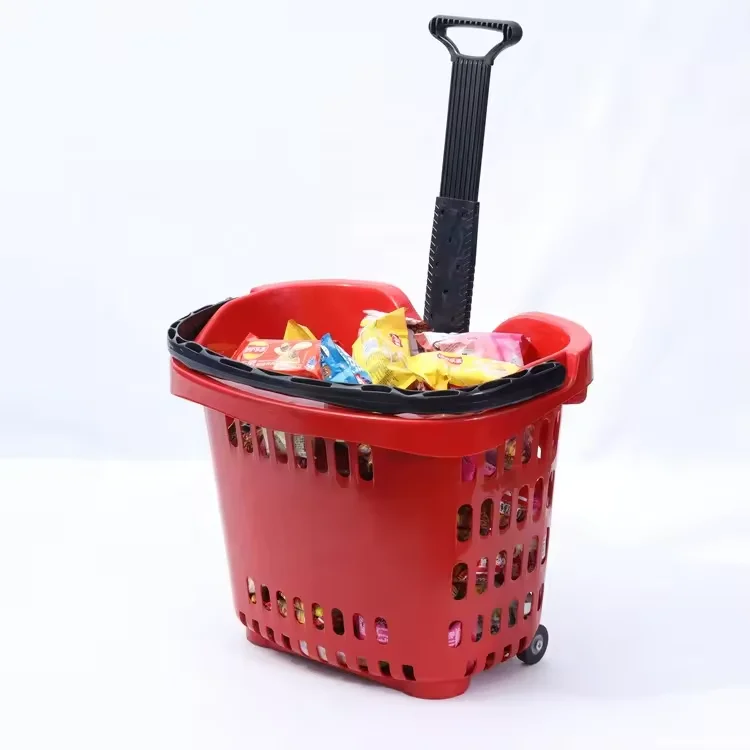 Large Capacity Plastic Rolling Shopping Basket Supermarket Basket Cart with 2 Wheels