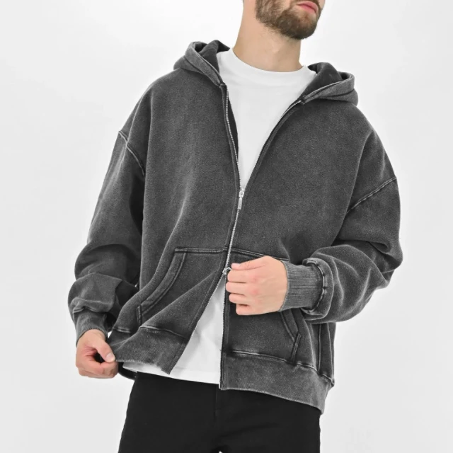 Custom Logo Vintage No Drawstring Blank Heavy Cotton Two-Way Zip Up Gray Washed Hoodie For Men