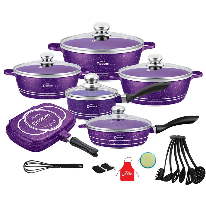 23PCS Non-Stick Cookware Sets Home Cooking Die-Cast Aluminum with Glass Lids and Wooden Handle