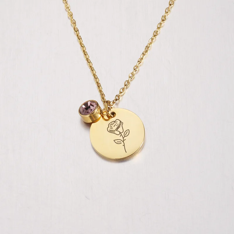 Customized Name Stainless Steel Birth Flower Pendant Necklace 18K Gold Plating 12 Birth Stones Flower Coins Charm Necklace
