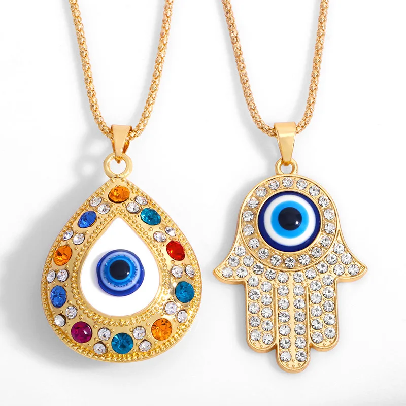 Alloy Fatima hand Necklace Turkish blue eye diamond jewelry sweater chain pendant necklace