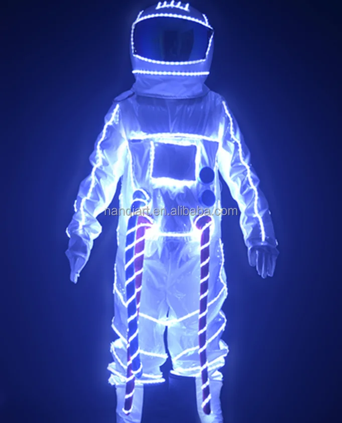Promotion Cheap Adult Wear Fabric LED Lights Costumes Christmas Halloween Stage Performance Dance White Luminous Costumes