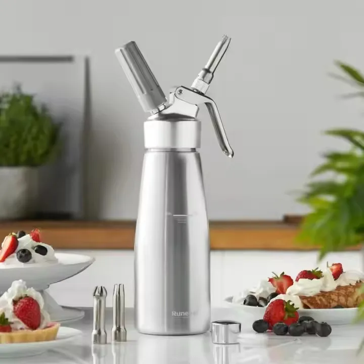 YY 500ml Home Small Silver Aluminum Whipped Cream Dispenser Cream Whipper with Decorating Tips and Clean Brush bakery supplies