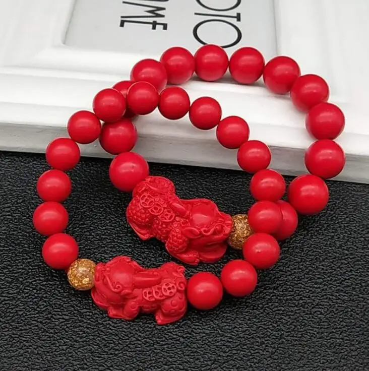 Pixiu Natural Stone Chinese Feng Shui Pi Xiu Red Beads Gold Wealth and Good Lucky Unisex Bracelets