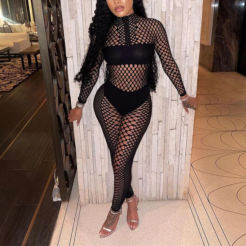 Fashion Street Wear Fishnets 2 Pcs Women Sexy Lingeries Night Club Ladies Outfits Clothes Tight Mesh Two Piece Pant Suit Set