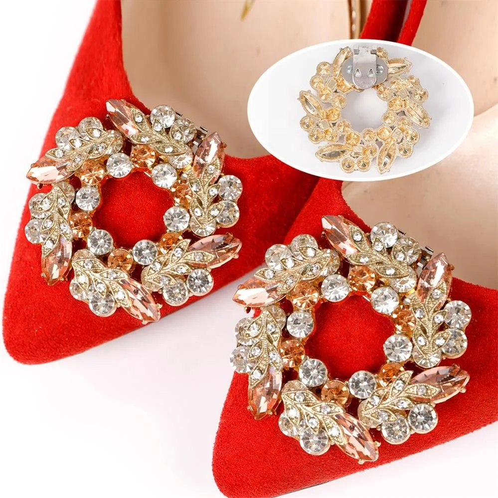 Wholesale Gold Zinc Alloy With Bling Rhinestone Round Shoe Decoration Clips For Women Shoe