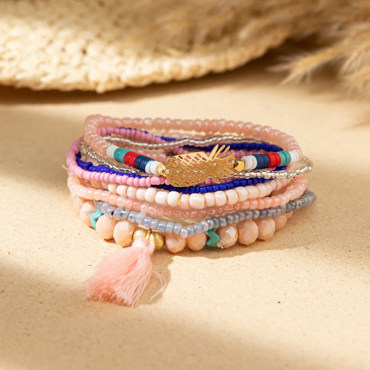 Boho Elastic Gold Plated Layered Crystal Pearl Seed Beaded Butterfly Bracelet Women Turquoise Shell Bracelet For Gift