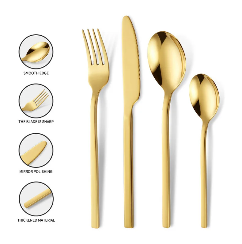 Bulk Gold Knife Fork Spoon Cutlery Set Stainless Steel Square Handle Flatware Silverware Set Gold Silverware Set Metal Flatware