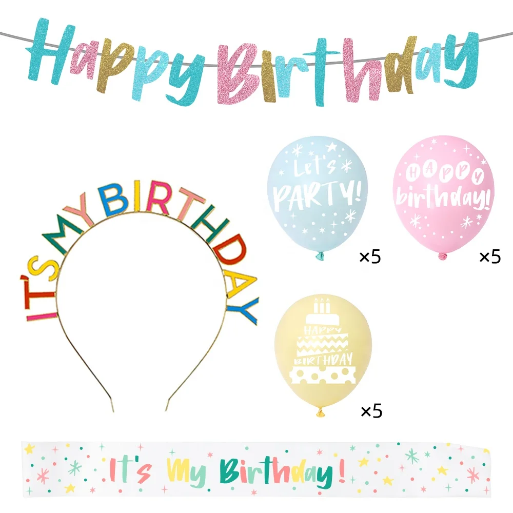 Wholesale Colorful Birthday Balloons Sash Tiara Glitter Banner Happy Decoration