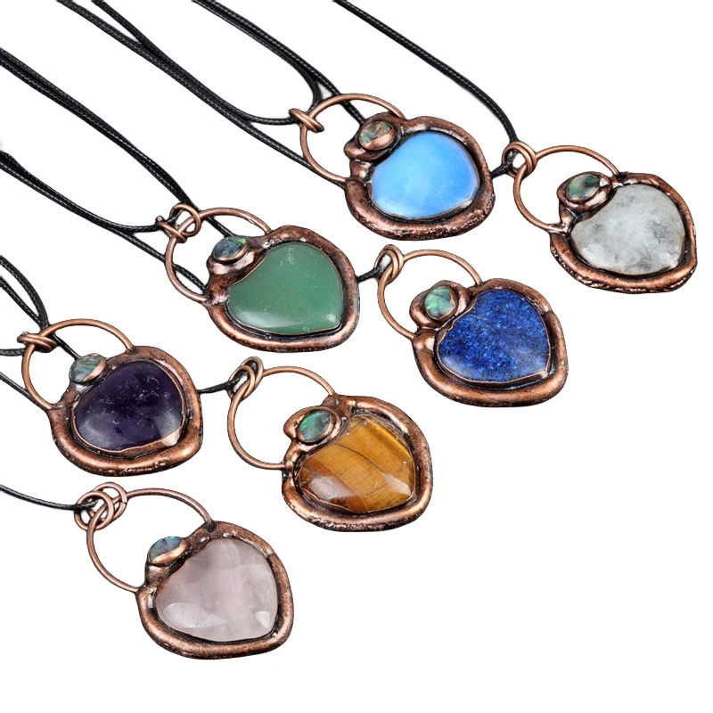Wholesale European Vintage Heart Shape Natural Syn.Opal Stone Pendant Retro Red Copper Charm Necklace