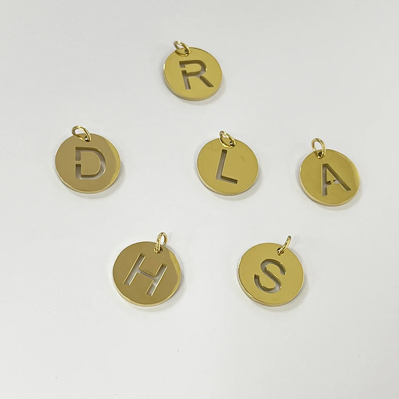 Wholesale Gold Stainless Steel Initial Letter Alphabet Round Hollow Pendant Charm Necklace for Women Girls