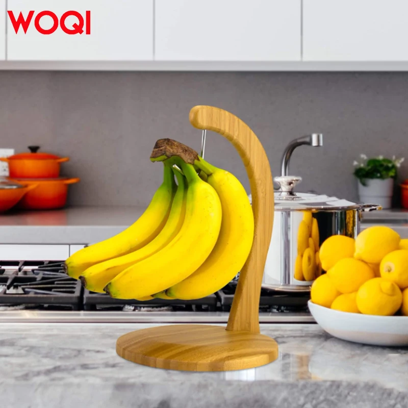 WOQI  Wholesale Home Kitchen Countertop Fruit Rack Wooden Bamboo Banana Hanger With Stainless Steel Hook