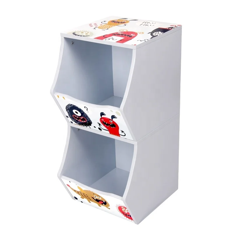 Toffy & Friends children wooden storage cube organizer piled up bins in Monster design