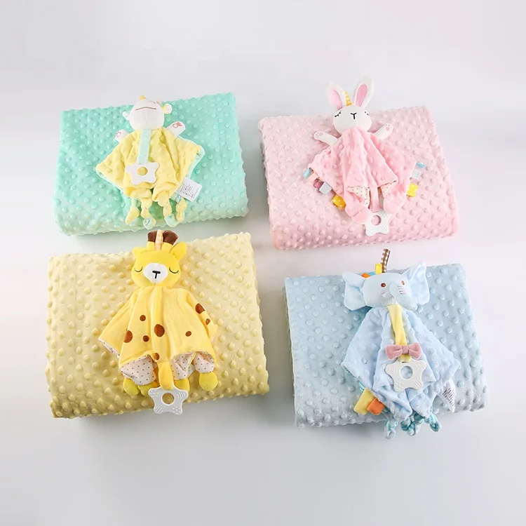 New design newborn gift polka dot super soft stuffed plush babies minky dot winter blankets with plush toys for newborns