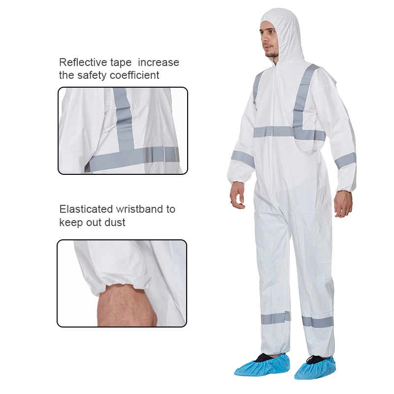 High Visibility Disposable Coveralls With Reflective Taps White Reflective Safety Overall Disposables Rain Proof