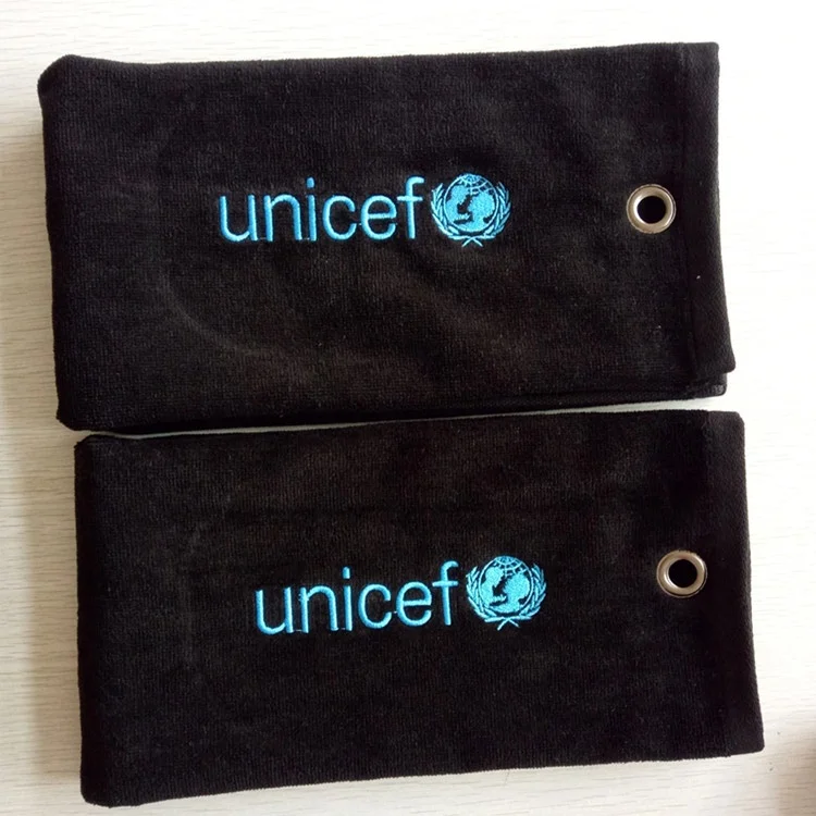 
100% cotton customized embroidery logo black jacquard velour golf towel 