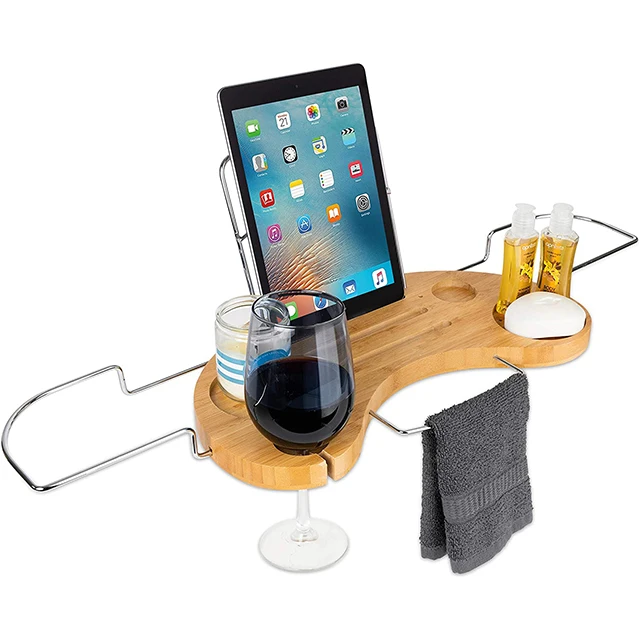 Luxury Expandable Tub Organizer Detachable Tablet Backrest  Wine Glass Holder Smartphone Holder Bamboo Bathtub Caddy Tray