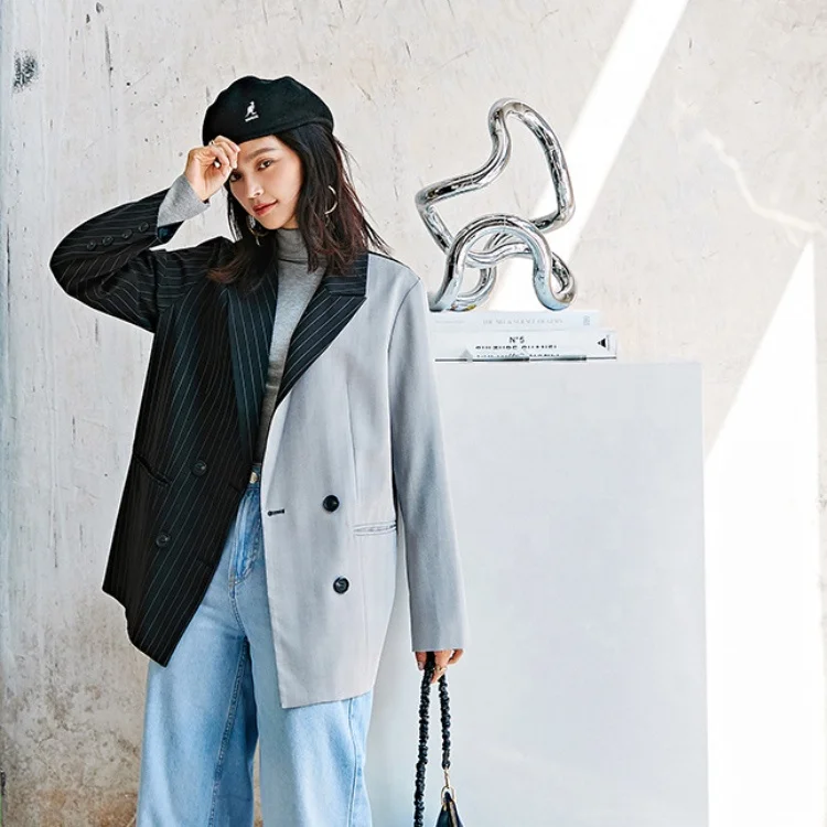 Women Blazers Ready To Ship New Design Fashion European Stripe Stitching Contrast Blazers for  Ladies Women