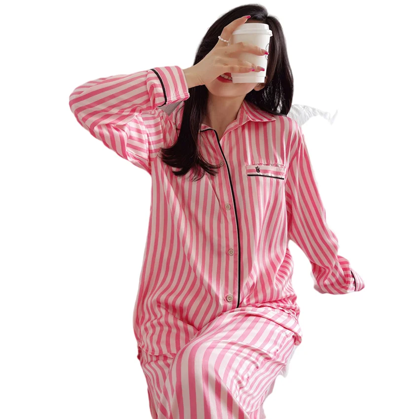 Fall Satin Two Piece Long Sleeve Sexy Pajamas For Women Set Oem Sleepwear Stripe Nightwear Women Pajamas Set