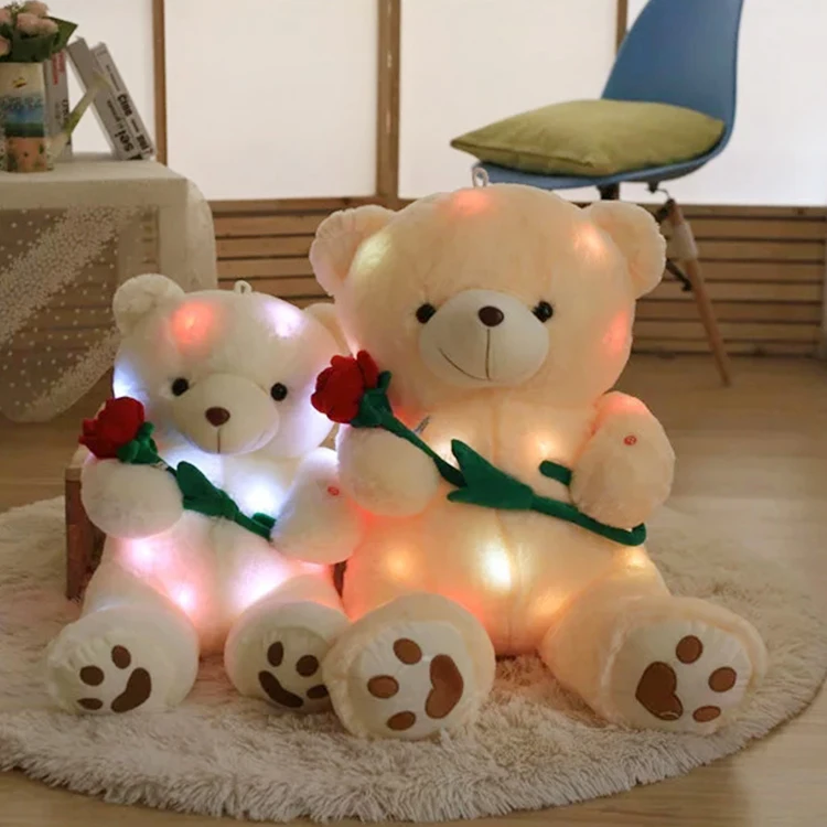 Custom New Creative Multicolor Soft Toys Led Light Glow Holding Rose Teddy Bear Plush Toy With Rose