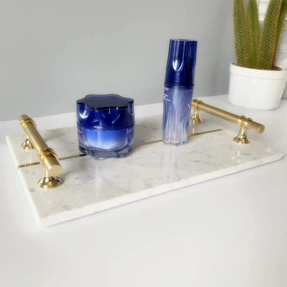 Сервисный поднос для отеля и дома из инкрустированной медной полосы натурального мрамора украшение