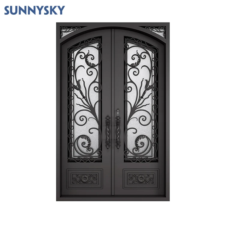 Sunnysky Hot-Sale Handcrafted Custom Wrought Iron Door with double tempered glass