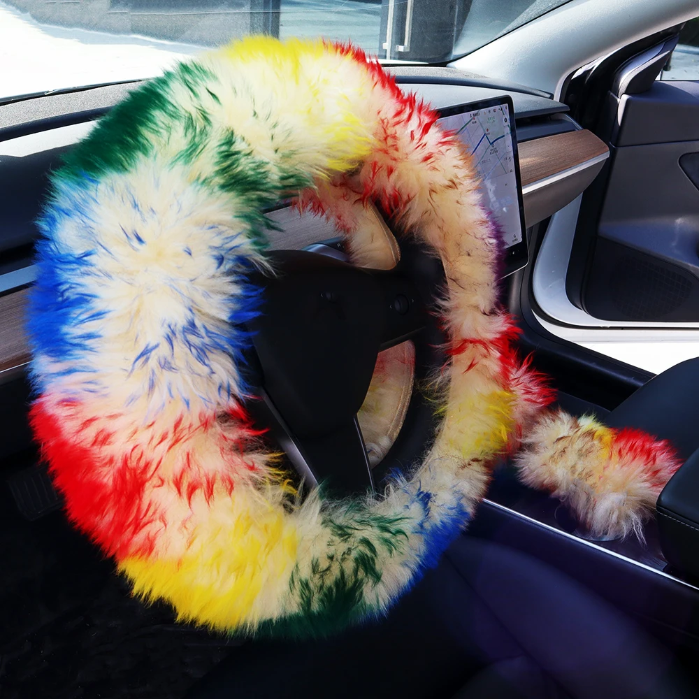 Hot selling Luxury Soft Girly Multi Color Big Fluffy Car Fuzzy Real Fur Automotive Furry Steering Wheel Cover Set for Women