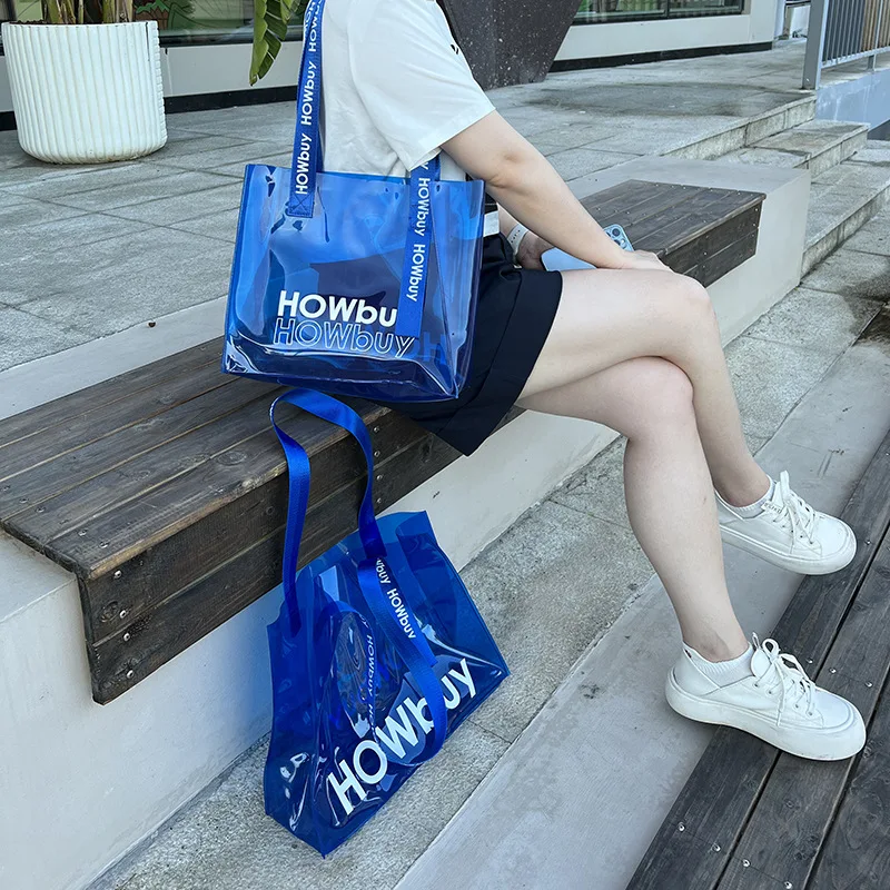 Custom Logo Reusable Waterproof PVC Jelly Hologram Clear Beach Radium handbag Shopping Tote Bag
