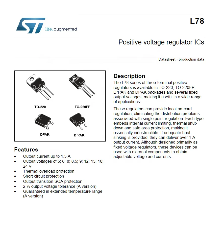 L7805CV-DG Power Circuits Standard Regulator Pos 5V 1.5A 3-Pin(3+Tab) TO-220AB Tube integrated circuits ic chip L7805CV-DG