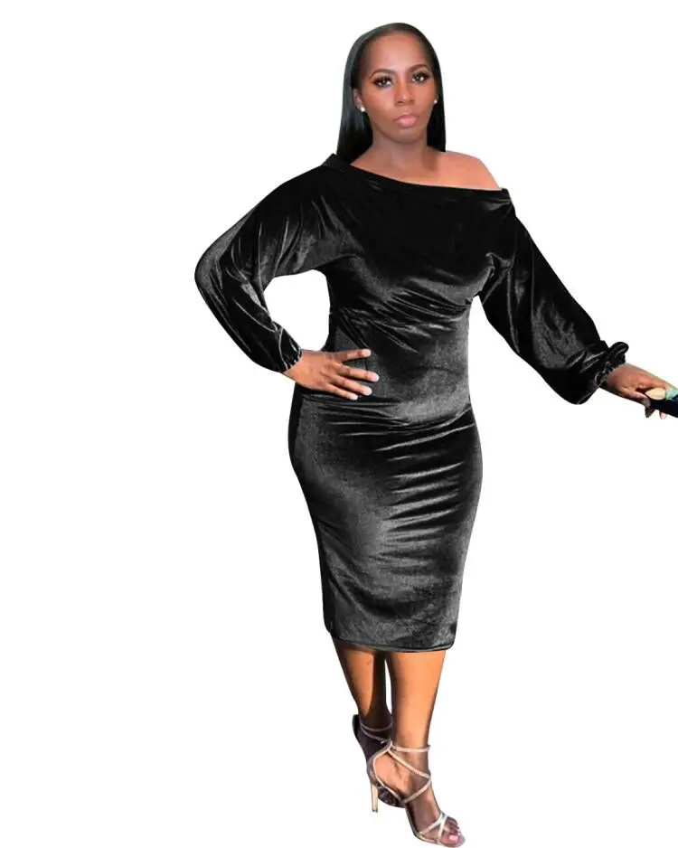 Women Club Casual Dress Autumn Winter Dress Lady Elegant Long Sleeves Slash Neck Velvet Evening Party Dresses Knee Length 2022