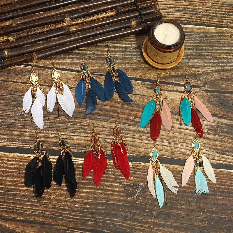 Bohemian Ethnic Style Long Feather Earrings Hoop Earrings Gold Gift Paper with Tassel Chain Fashion Carton Women's BOHEMIA