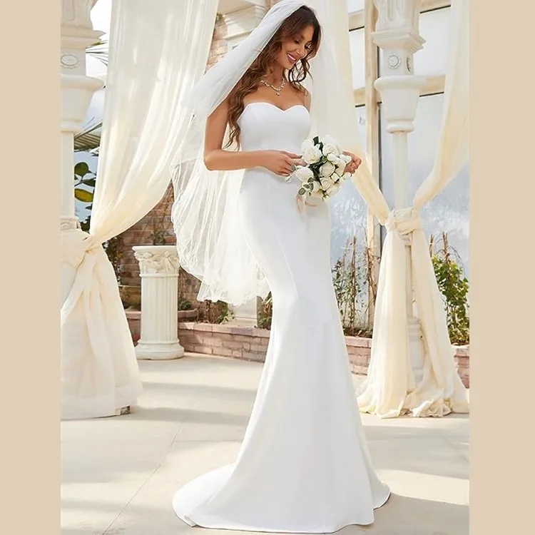 Customized Size Tube Top Fish Tail Elegant Satin Mermaid Off Shoulder Wedding Dress For Bride