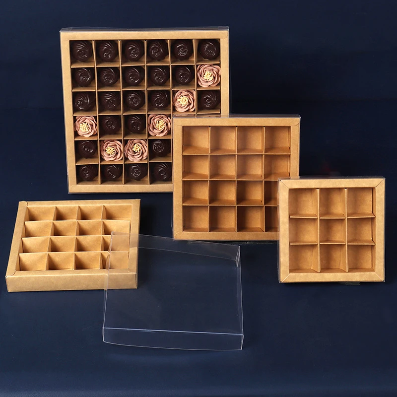 Custom Print Kraft Paper Square Chocolate Box With Transparent Lid And Compartment