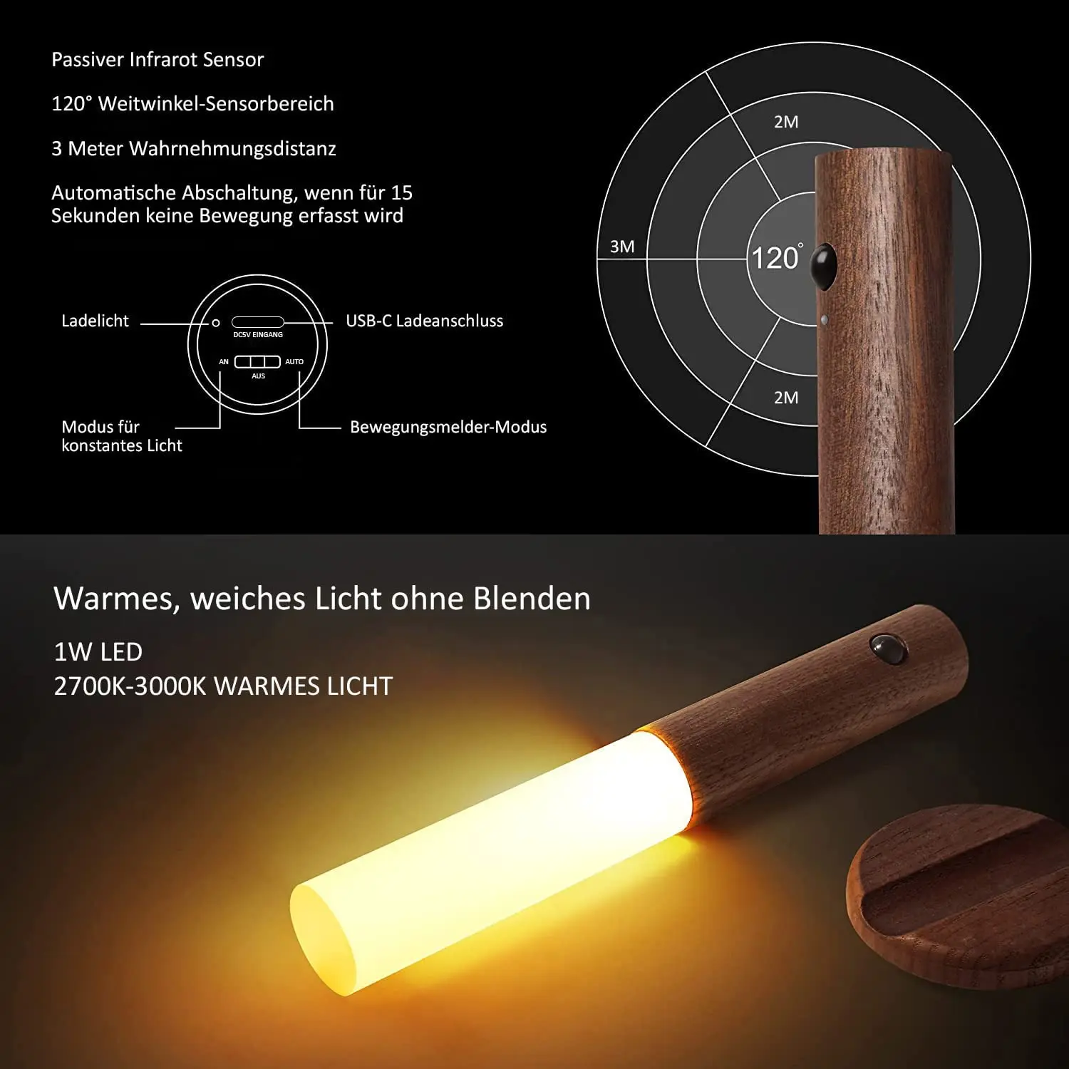 2024 Creative Intelligent Motion Sensor LED Rechargeable Magnetic Night Light Wood Wall Kitchen Cabinet