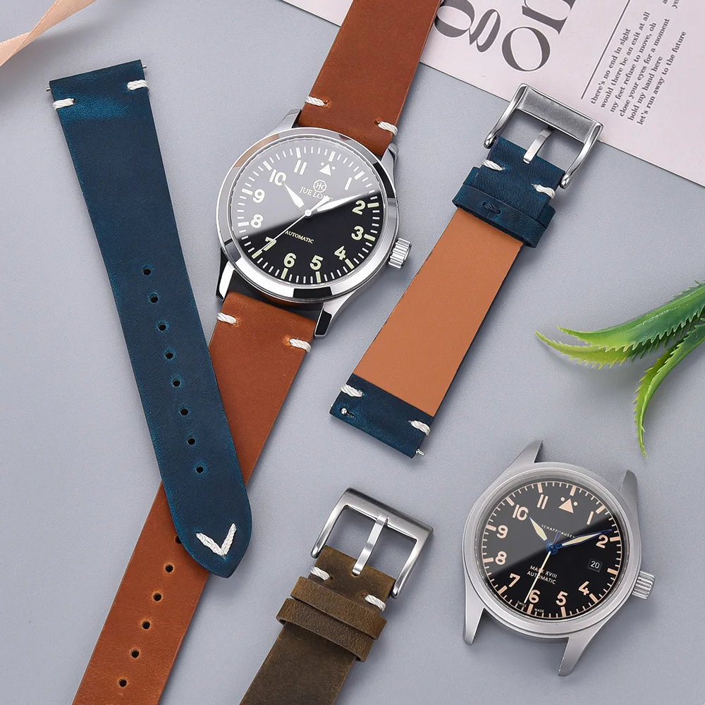 JUELONG Vintage V-Stitch Leather Watch Quick Release Replacement Crazy Horse Leather Watch Strap