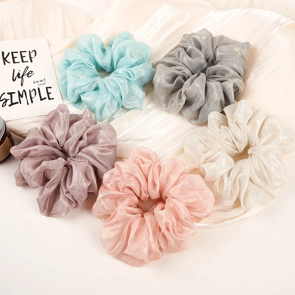 Hot Sale Extra Large Organza Hair Ties 16cm Oversized Solid Color Glitter Organza Scrunchies For Women