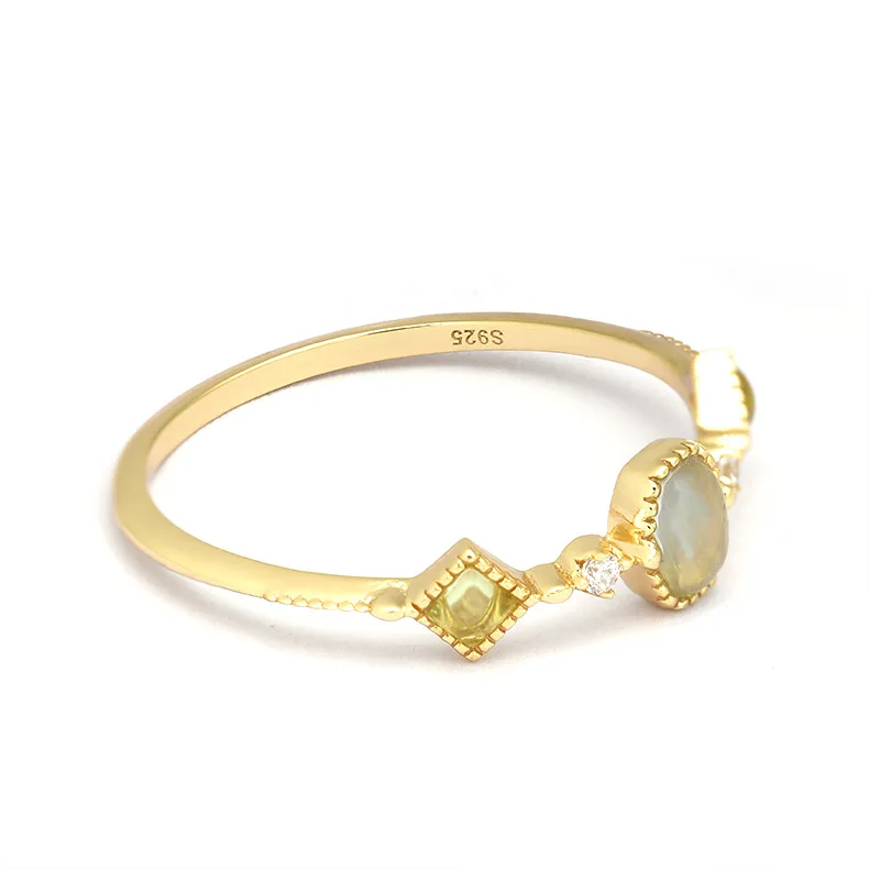 Joacii Jewelry 925 Sterling Silver 14K Gold Plated Gemstone Series 3 Stone Rings Green Peridot Aquamarine Ring