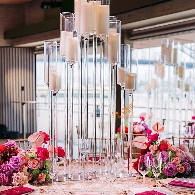 Gorgeous large tall wholesale rectangular mirror base 12 arms crystal glass cylinder candelabra wedding centerpiece