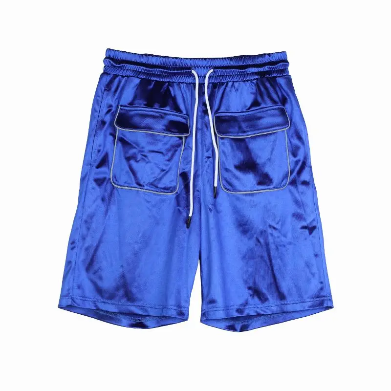 Xuhui Custom Embroidery Street Style Glossy Blue Big Pocket Custom Men Satin Shorts Gym Cargo Shorts For Male