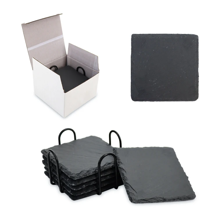 Set of 6 Slate Coaster Custom Black Slate Natural margin Coaster EVA non-slip mat With Metal Holder