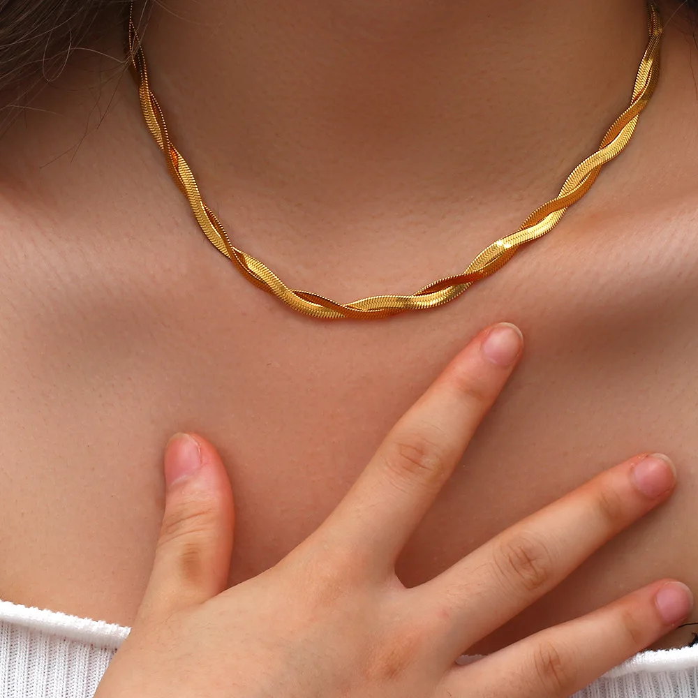 Two Tones Gold Stainless Steel 2-Strand 3mm Braided Herringbone Chain Choker Necklace  Double Flat Snake Chain