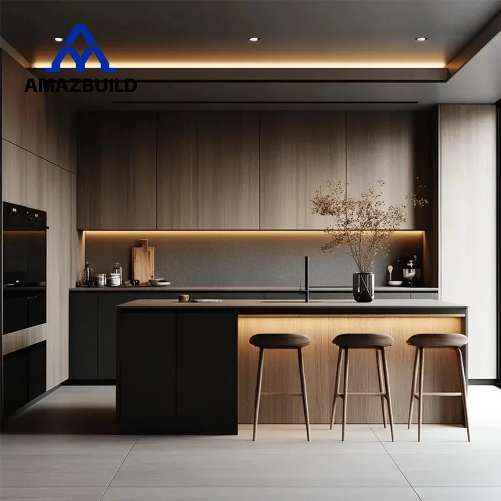 AMAZBUILD современный американский стиль роскошный дом полностью матовые черные деревянные кухонные шкафы