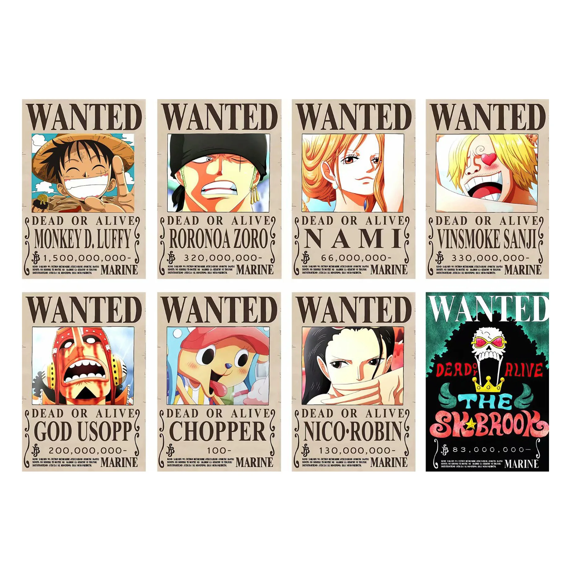 8pc/set Luffy Nika Bounty Poster Wall Art Anime Character Chopper Nami Sanji Zoro Wanted Beautiful Poster Pictures for Home