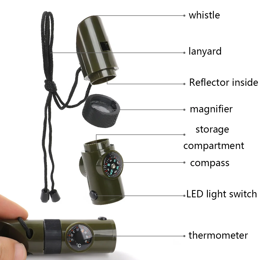 2022 Hot Sale Outdoor Camping 7 in 1 Multifunctional Lifesaving Whistle with LED Light Thermometer Compass
