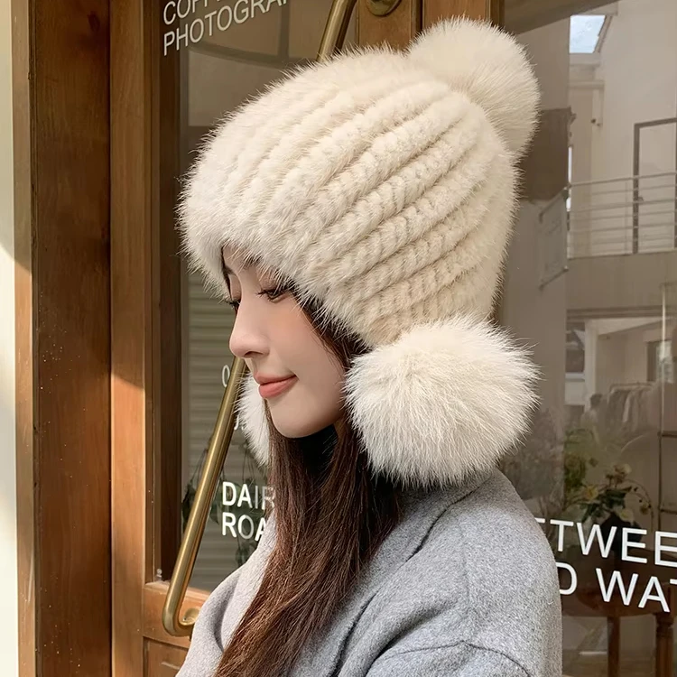 manufactures Winter knitted beanie With Fox Pompom Warm blank hats Woven Knit Caps Female Fashion women hat
