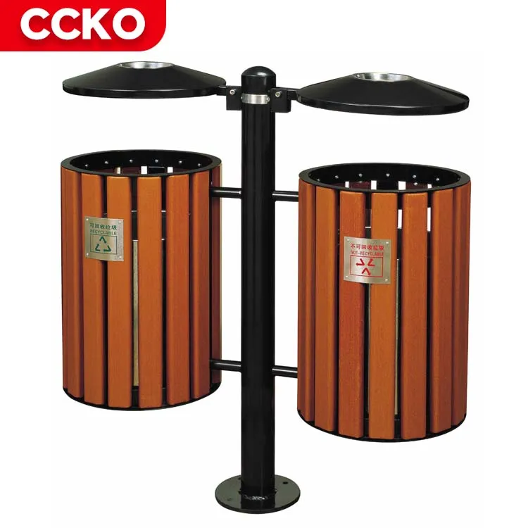Commercial Trash Bins 2 Compartment Garbage Can Steel Dustbin Wood Waste Bins Recycle Bins Outdoor Trash Can For Street Park