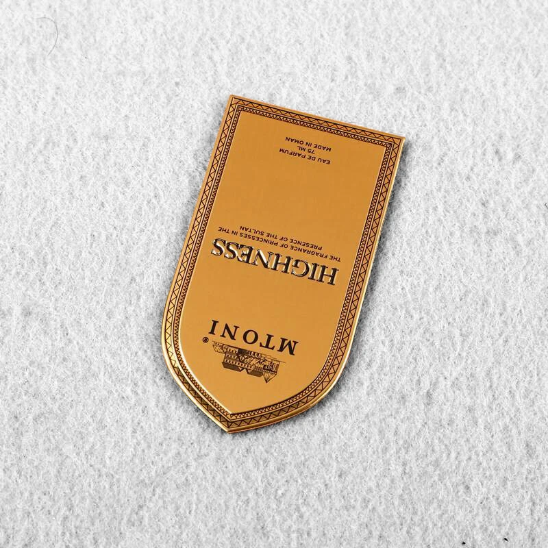 CS Custom shape 0.3mm 0.4mm 0.5mm thick brush aluminum plate polish and glasses aluminum material perfumes box bottle stickers