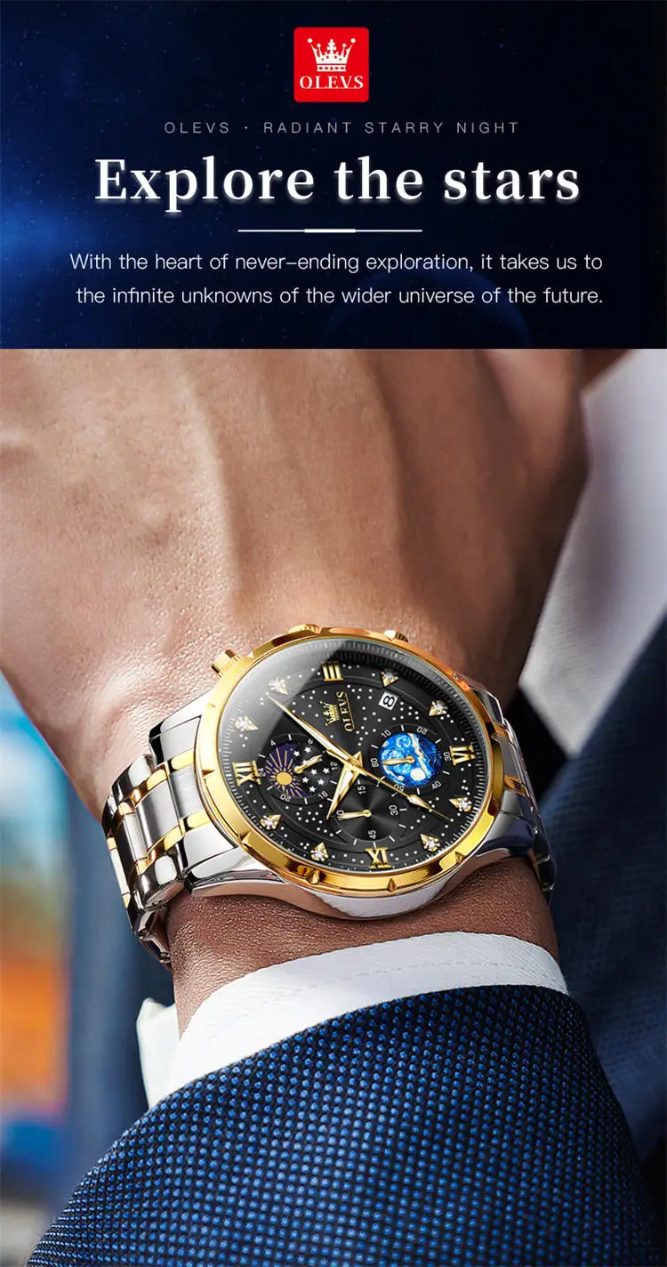 OLEVS 9807 special custom brand  gents quartz watch original Stainless steel band Luminous Chrono stars sun Casual hand watch