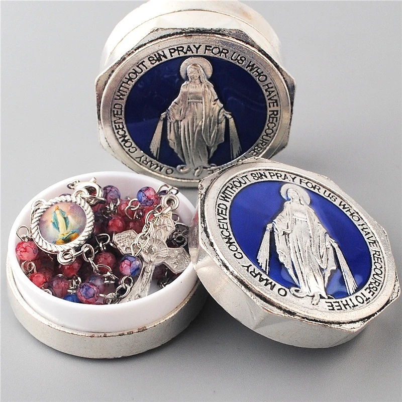 Crucifix Pendant 4mm Glass Imitate Cloisonne Beads Small Rosary Catholic Necklaces with Mini Virgin Mary Center Piece